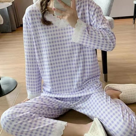 

CoCopeaunt Autumn Women Pajama Sets Spliced Lace V-neck Plaid Sweet Girls Sleepwear Simple Japanese Style Ins New Home Clothing Students