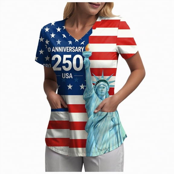 mgoYE Top for Women 250th Anniversary USA Shirt Crew Neck 4th of July Shirt Women 250 Years American Anniversary Shirt|Blue XL