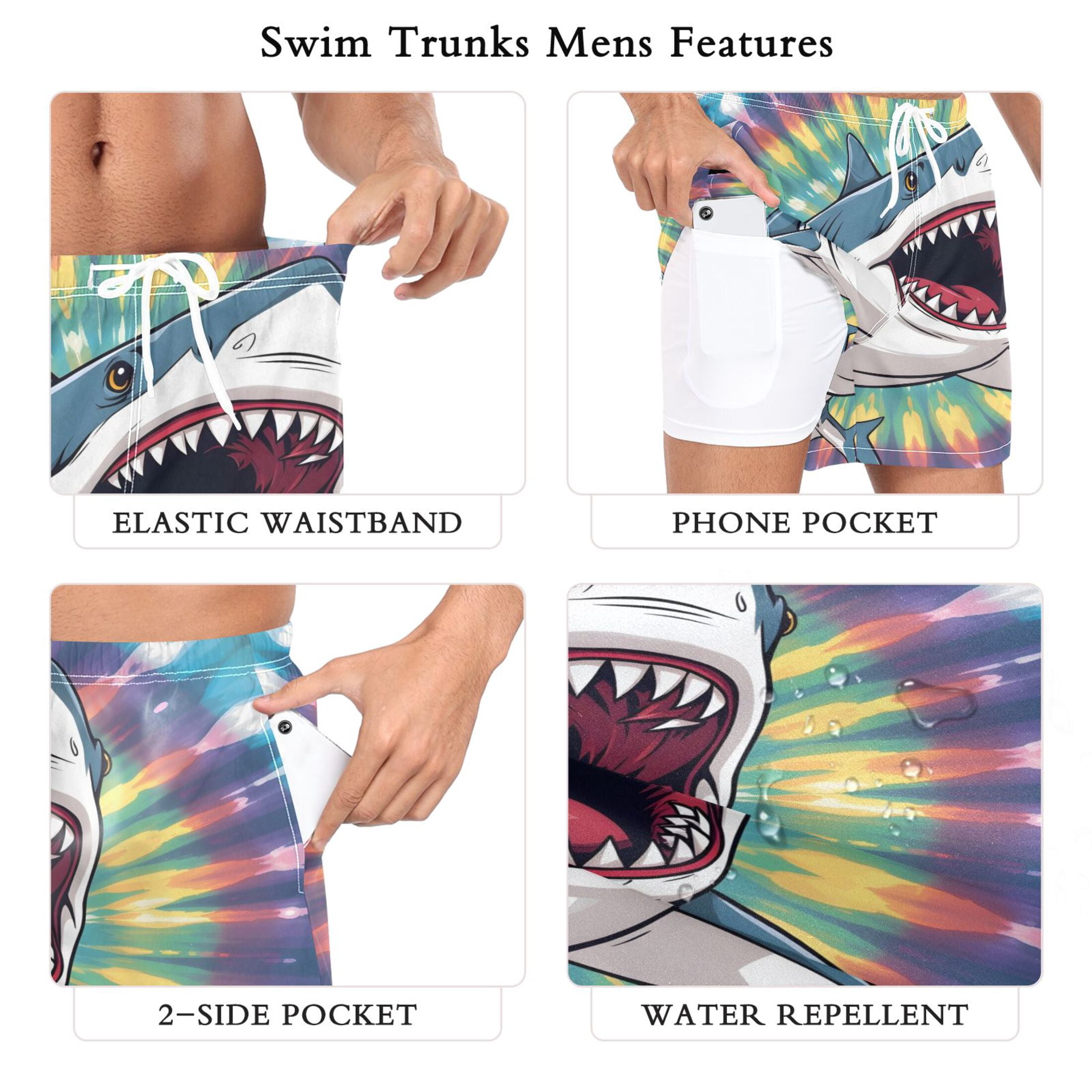 joogoo Men's Shark Tie Dye Swim Trunks with Liner Pocket Beach Shorts Large