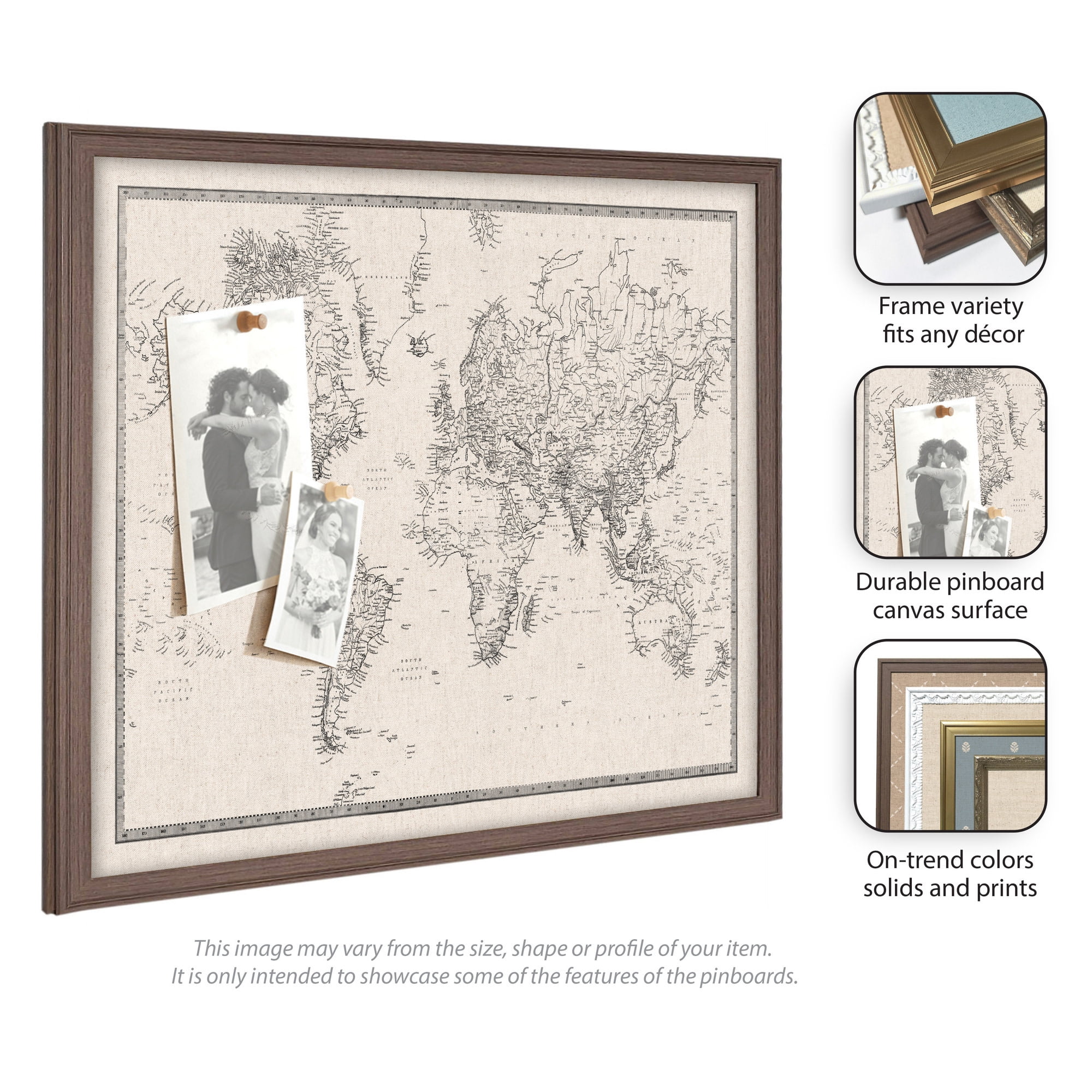 Kate and Laurel Framed Fabric Pinboard 26 x 20, Vintage Black and White Linen World Map Printed Linen Classic Bulletin Board for Use as Wall Organization, Florence Medium Brown Frame