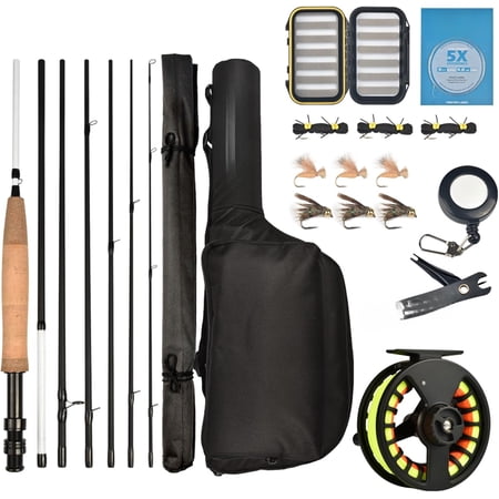 Fly Fishing Rod and Reel Combo Starter Kit Graphite Fly Rod with Cork Handle Die Cast Aluminum Reel Fly Box Case & Fishing Flies and Carrying Case and Accessories