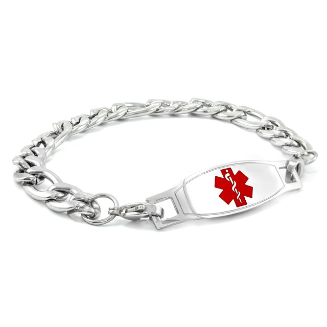 MedicEngraved Bracelet à Maillons Figaro 9 mm en Acier Inoxydable 316L pour Chirurgie avec Étiquette Médicale en Émail - Gravure Médicale Incluse