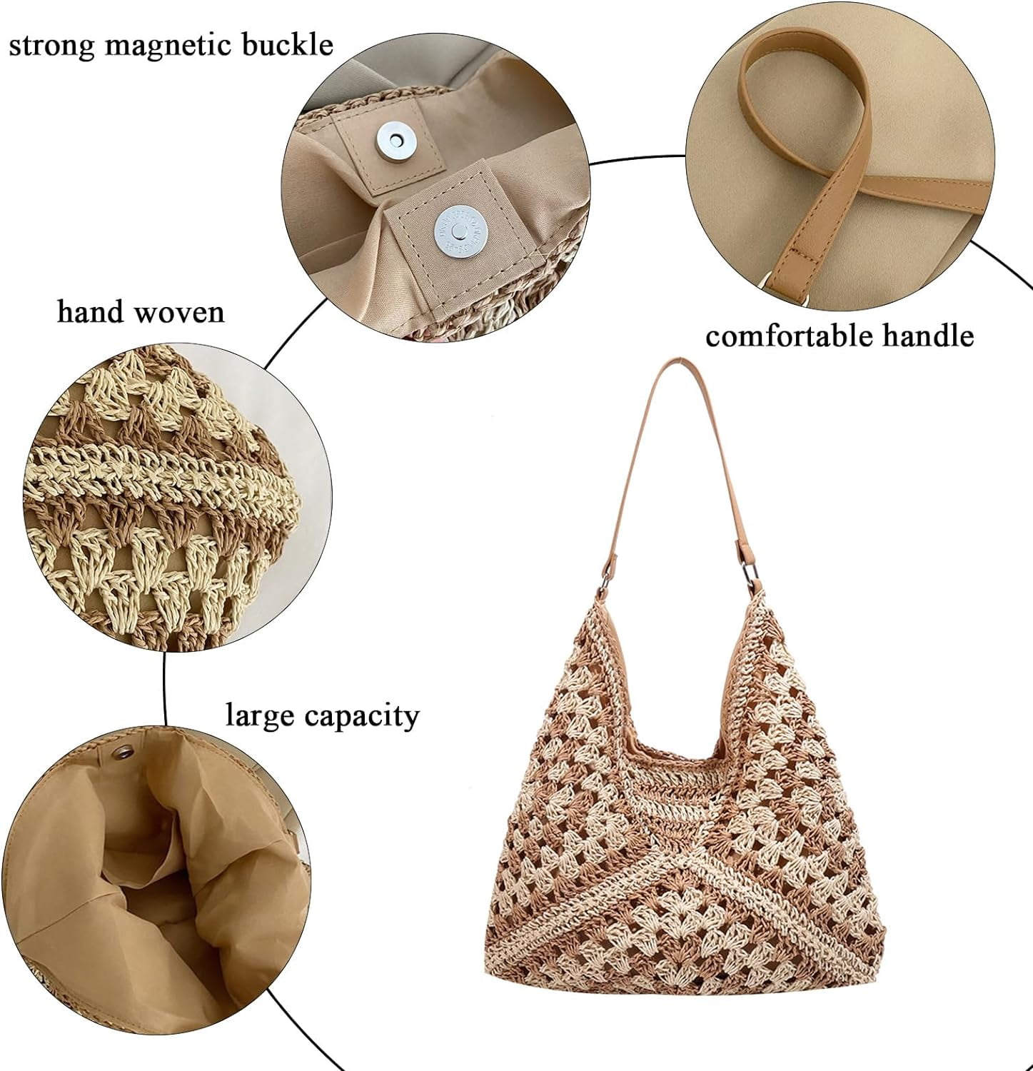 BURIBURI Straw Bags for Women, Summer Straw Purse Crochet Beach Bag Tote Bag Aesthetic Trendy Straw Shoulder Handbags