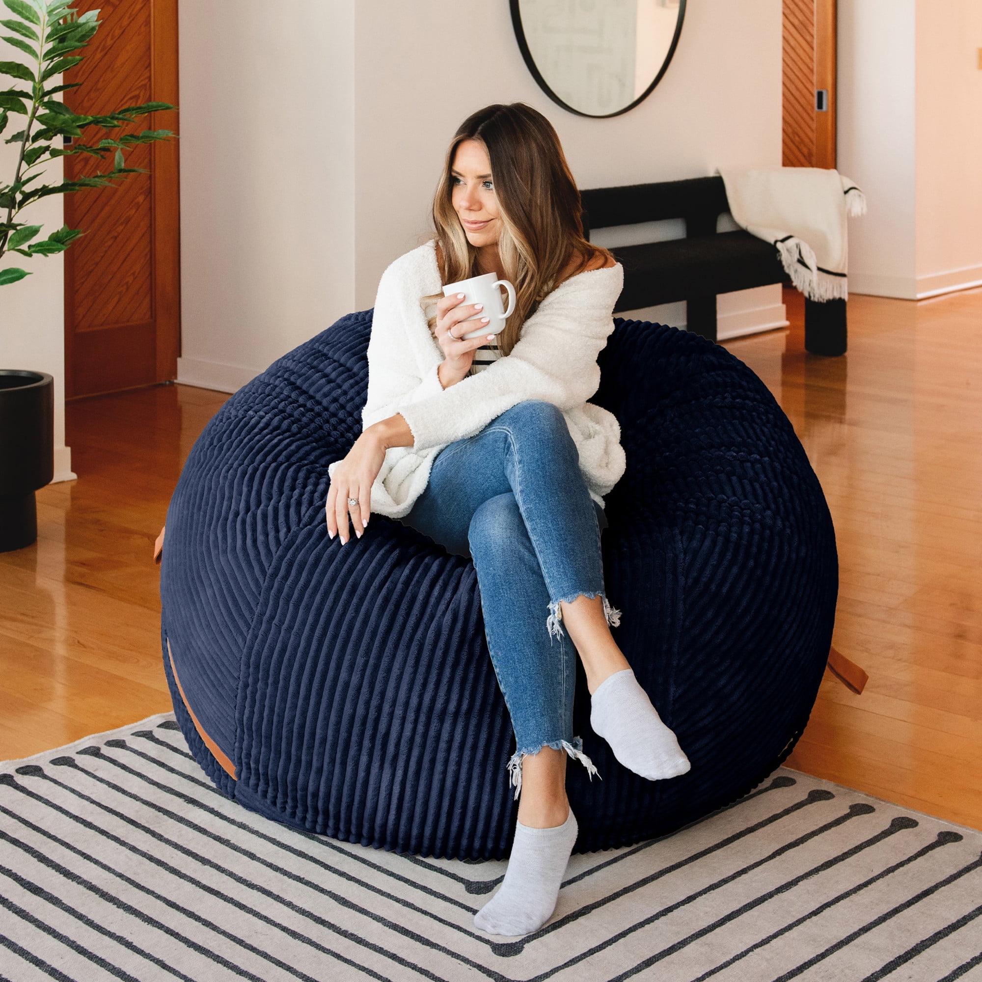 Big Joe Fuf 5Ft Oversized Foam Bean Bag Chair for Kids, Teens, Adults, Midnight Blue, Corded Plush, 5 foot Large Reading and Gaming Seat