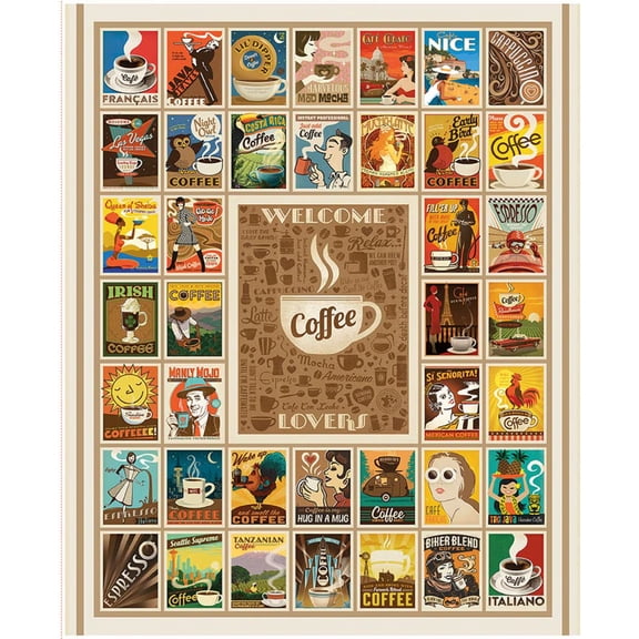 Coffee Time Welcome Coffee Lovers Cotton Panel Fabric