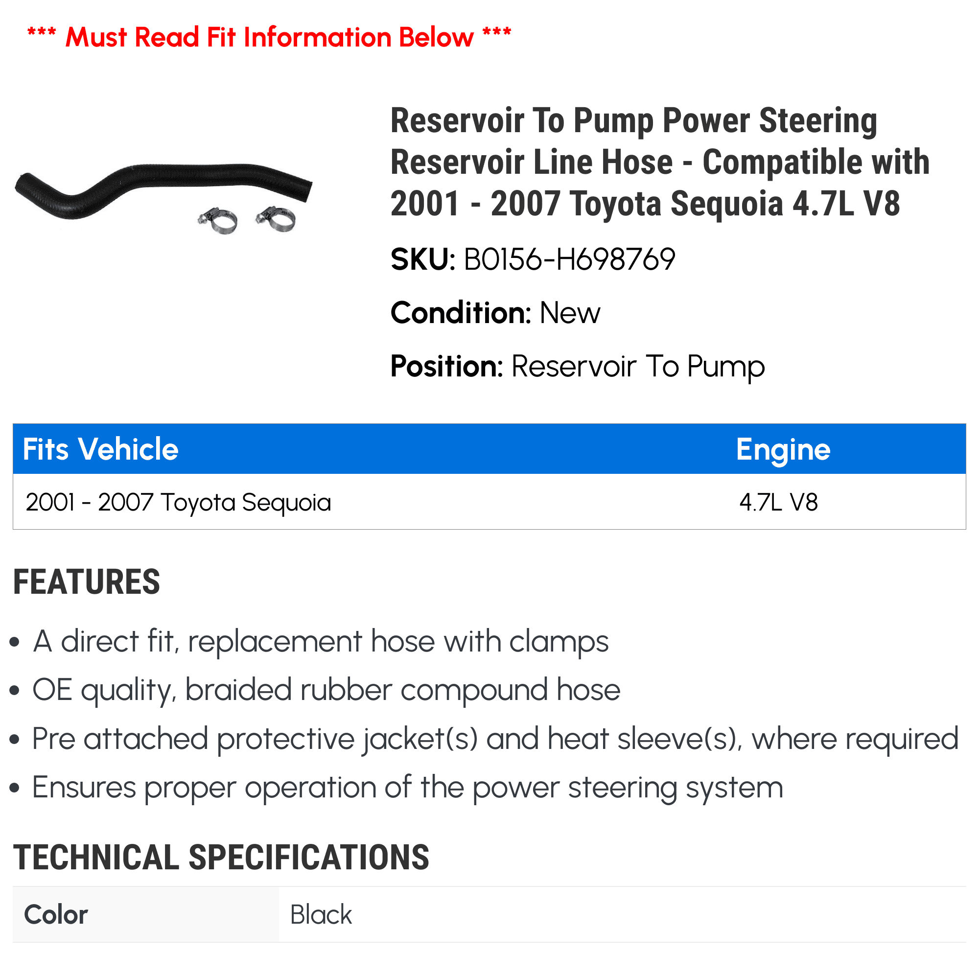 Reservoir To Pump Power Steering Reservoir Line Hose - Compatible with 2001 - 2007 Toyota Sequoia 4.7L V8 2002 2003 2004 2005 2006