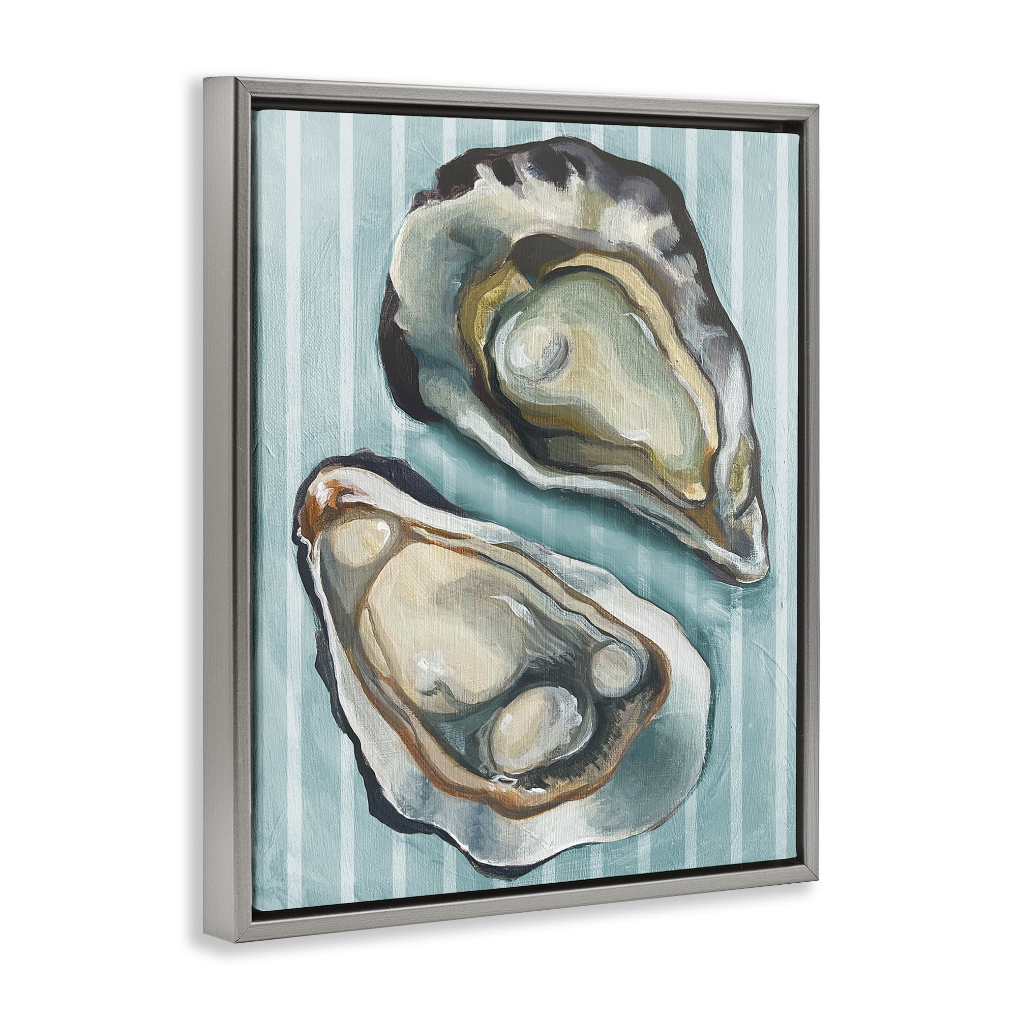 Stupell Industries Oysters on Blue Stripes Animals Painting Gray Floater Framed Canvas Art Print Wall Art, 17 x 21