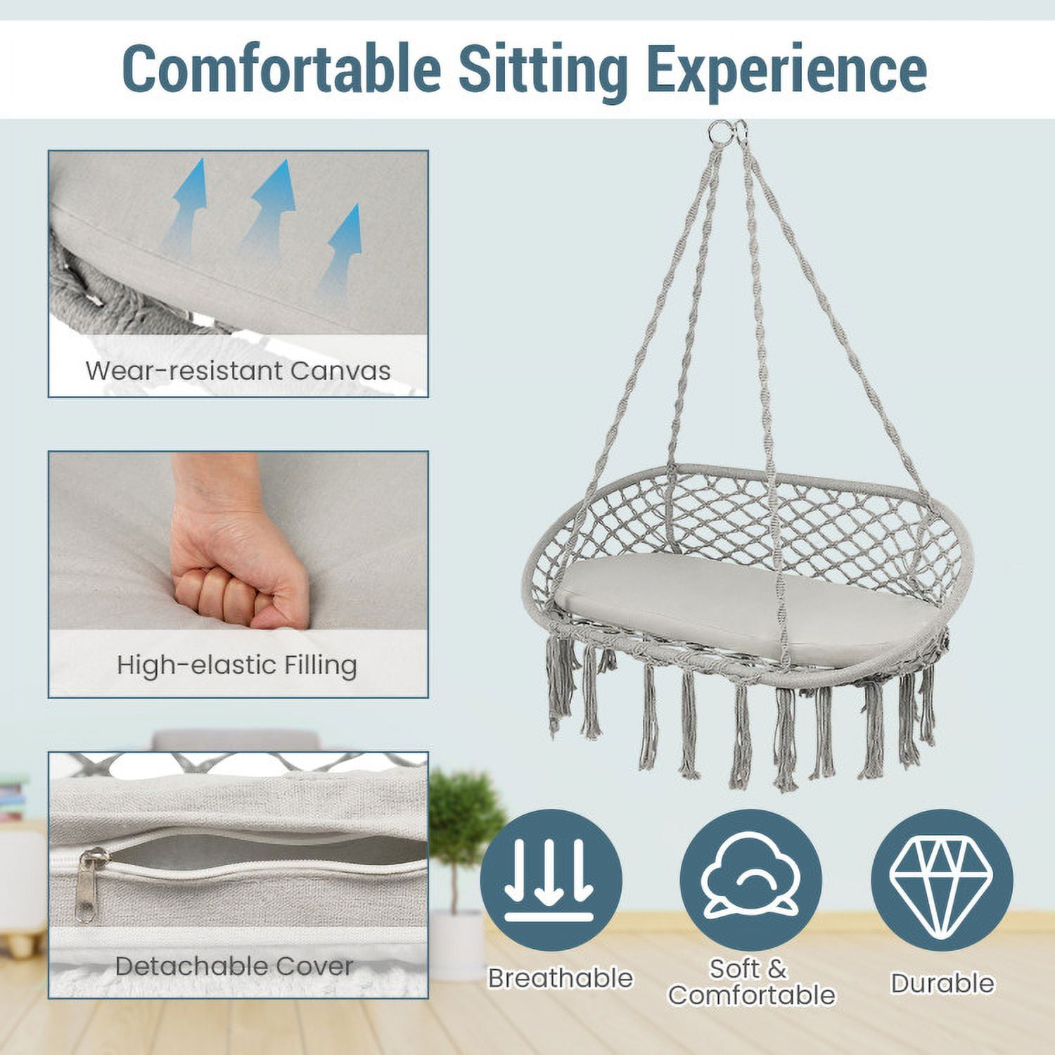 Aimee Lii 2 Person Hanging Hammock Chair with Cushion Macrame Swing, Patio Swing Chair, Gray