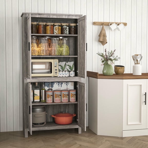 YYAo 64" Kitchen Pantry Storage Cabinet with 3 Adjustable Shelves and 4-Door, Cabinet for Kitchen, Gray Oak