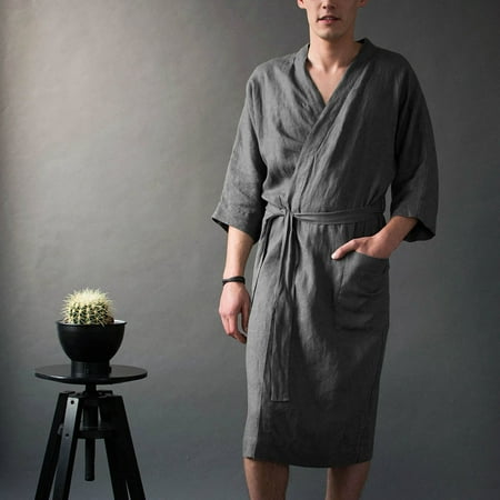 

Men s Short Sleeved Long Bathrobe Home Clothes Solid Color Linen Pajamas Robe Note Please Buy One Or Two Sizes Larger