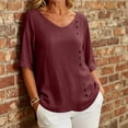 thumbnail image 5 of Yrmaups Loose Fit Short Sleeve T Shirt for Women, Casual V Neck Blouse, Soft Stretch Button Down Tee for Beach Travel Office Daily Wear, Wine XL, 5 of 8