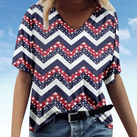 Lilgiuy Basic V Neck Tops for Women Middle Sleeve Casual Loose Blouse Print Summer T-Shirt