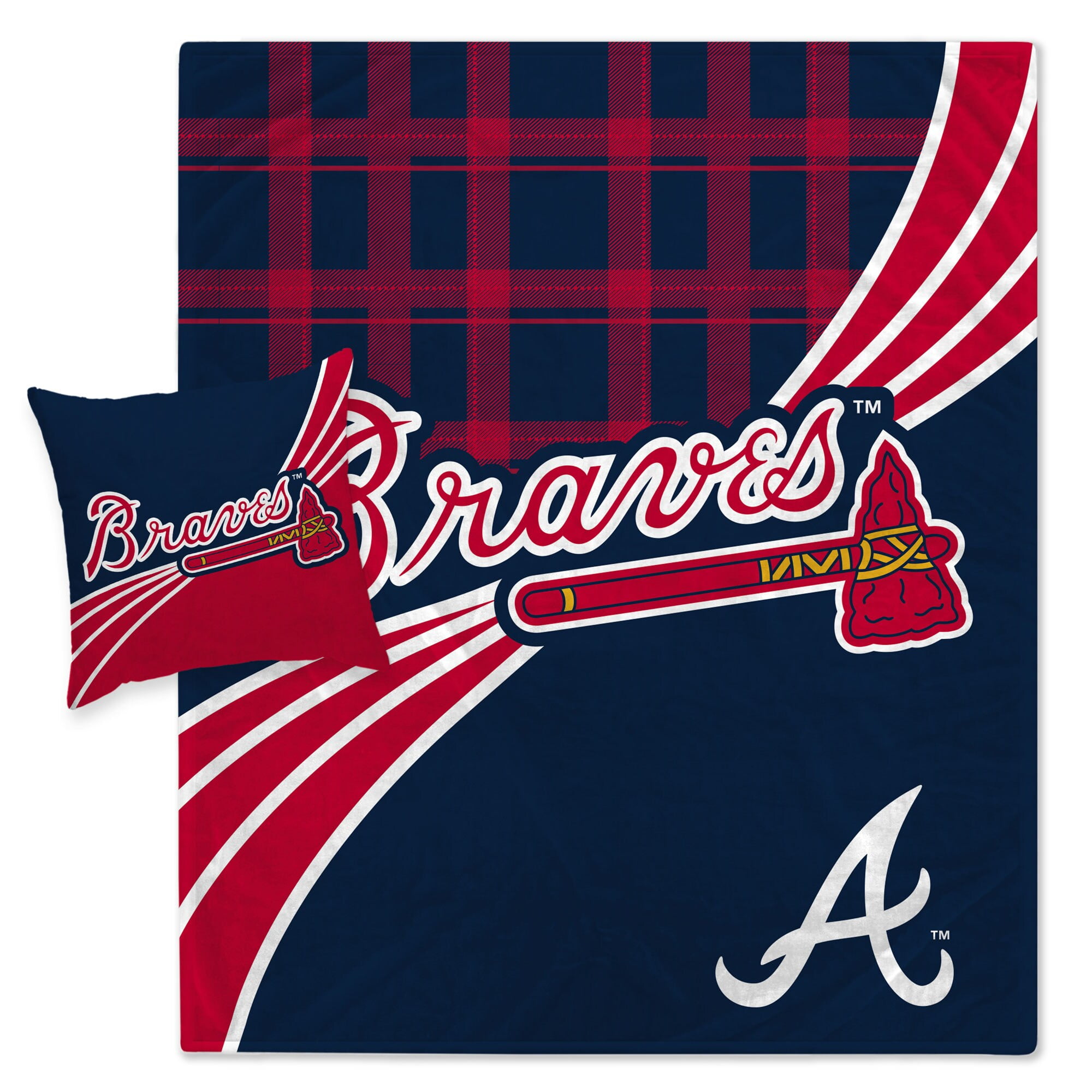 Atlanta Braves Plaid Wave Flannel Fleece Blanket & Pillow Combo Set