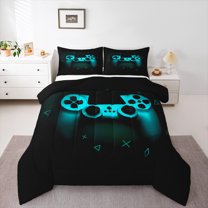 Manfei Modern VR Games Queen Comforter Set, Boys Cyan Gamepad Bedding Comforter Set, Cartoon Gaming Theme Reversible Bedding Set, Microfiber Bedroom Decor, 3 Pieces