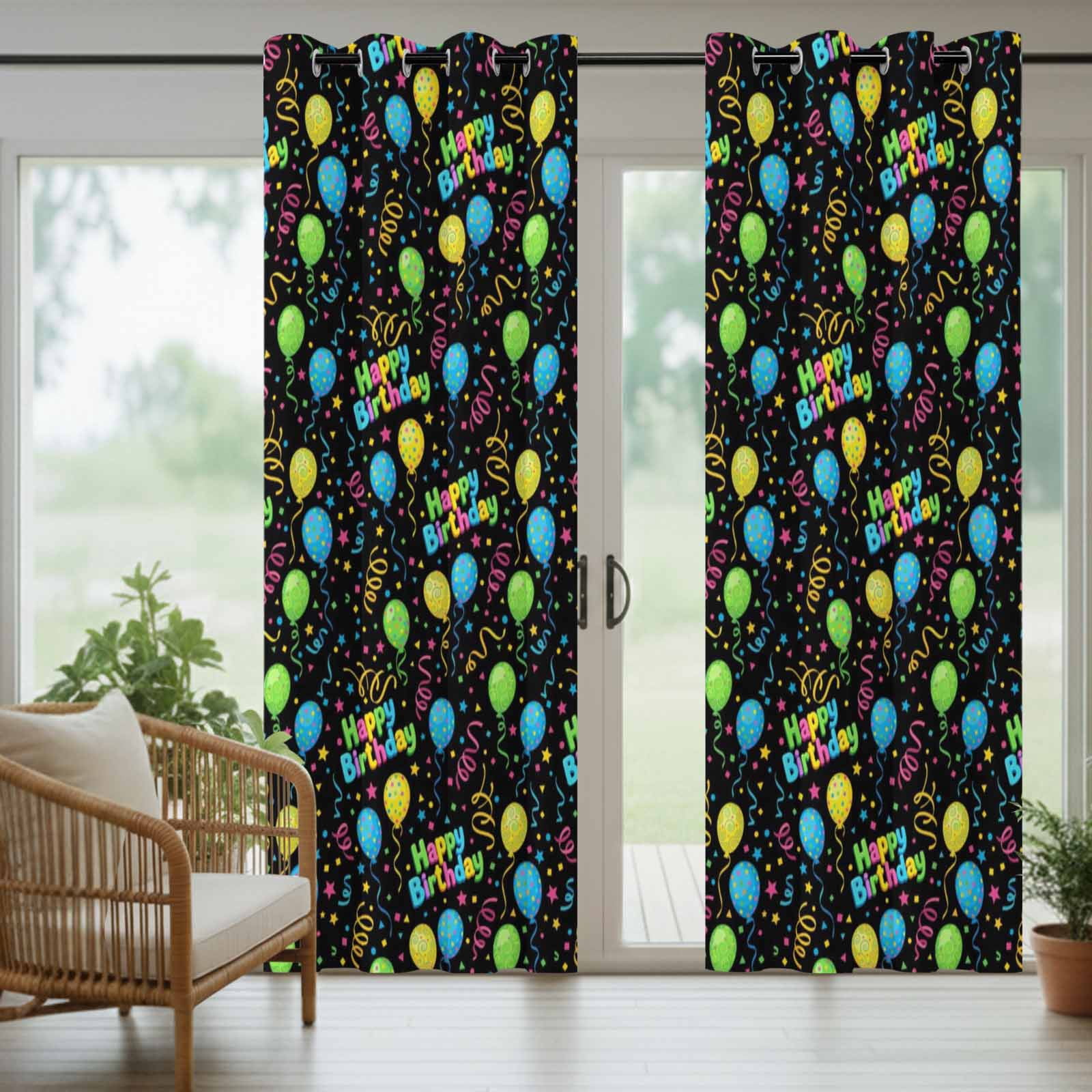 Balloon Stars Outdoor Curtains for Patio, Festival Happy Birthday Blue Green Yellow Balloon Black Sunshade Privacy Drapes Grommet Waterproof Outside Curtains for Porch Balcony 54"x108", 1 Panel