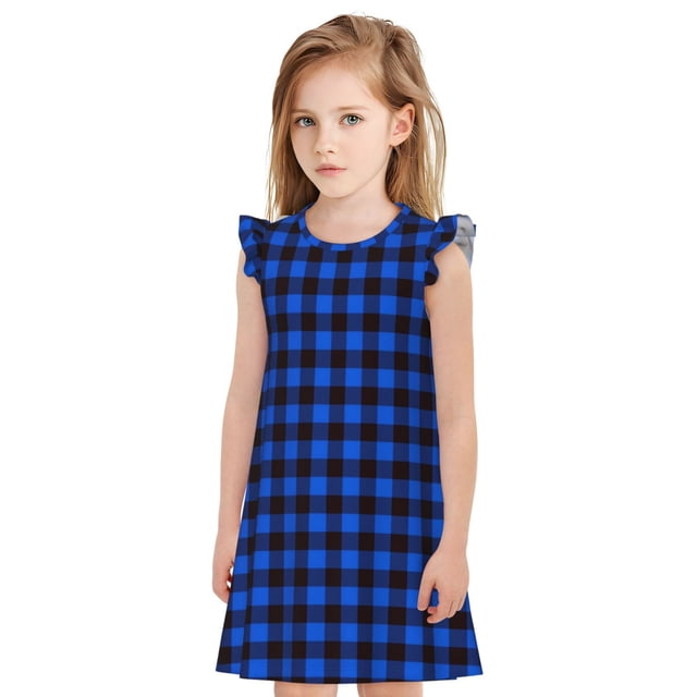 Balery Buffalo Plaid Blue Black Camisón de princesa para niñas, pijama de algodón con mangas abullonadas, suave y bonito.-X-Large
