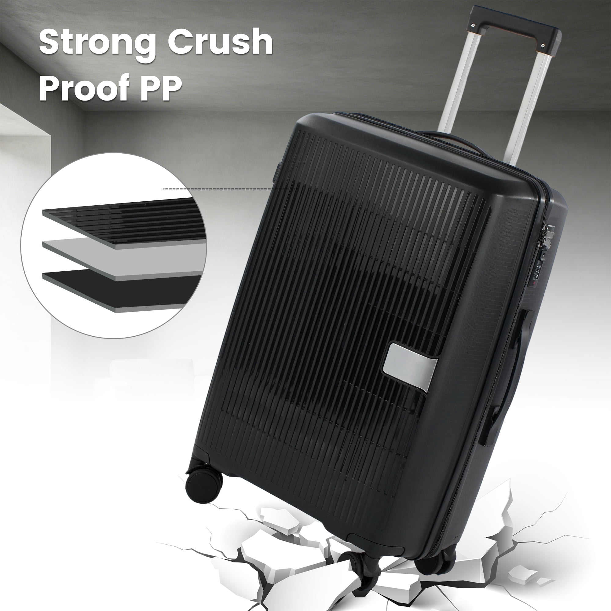 Travelhouse 3 Piece Checked Hard Shell Luggage Set Lightweight Suitcase with Lock and Spinner Wheels,Black