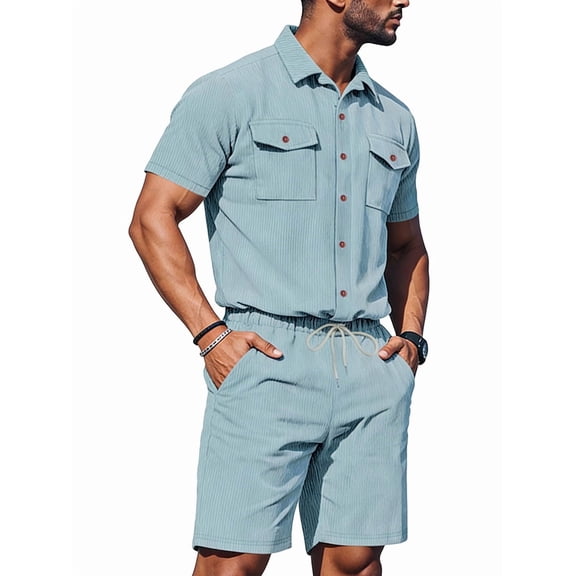 Men Sets Outfits 2 Piece Short Sleeve Shirts Short Set Light Blue M