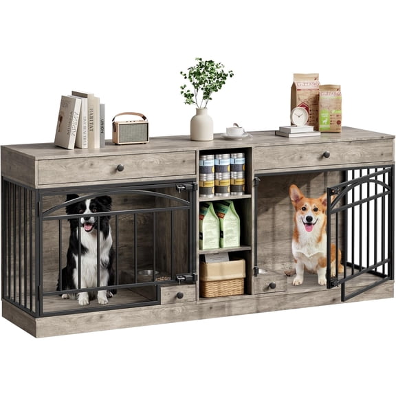 Accreate Dog Crate Furniture for 2 Dog, 78.7'' Large Dog Kennel Indoor with 2 Storage Drawers, 3 Shelves and Feeding Bowls, Double Dog Crate TV Stand for Small and Medium Dogs