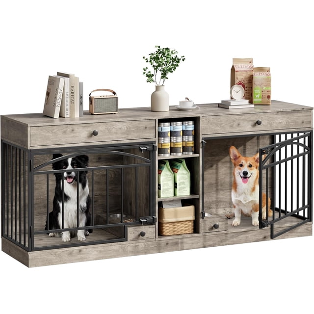 Dog Crate Furniture Double - Indoor Kennel for 2 Small/Medium Dogs with Storage Drawers & Bowls, Washed Gray Multi-Functional TV Stand
