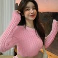 thumbnail image 7 of Women's Crop Top Sweater Soft Warm Furry Sweater Pullover O-Neck Long Sleeve Fuzzy Top Slim Fit Knitted Sweater, 7 of 7