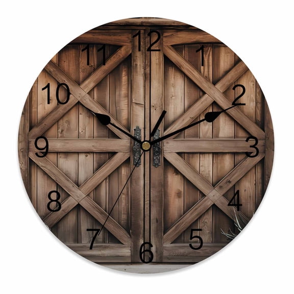Wall Clock 12 Inch Rustic Farmhouse Round Silent Decorative Wall Clocks Battery Operated for Living Room Bedroom Kitchen Classroom Decor, Barn Door Countryside Brown,Large