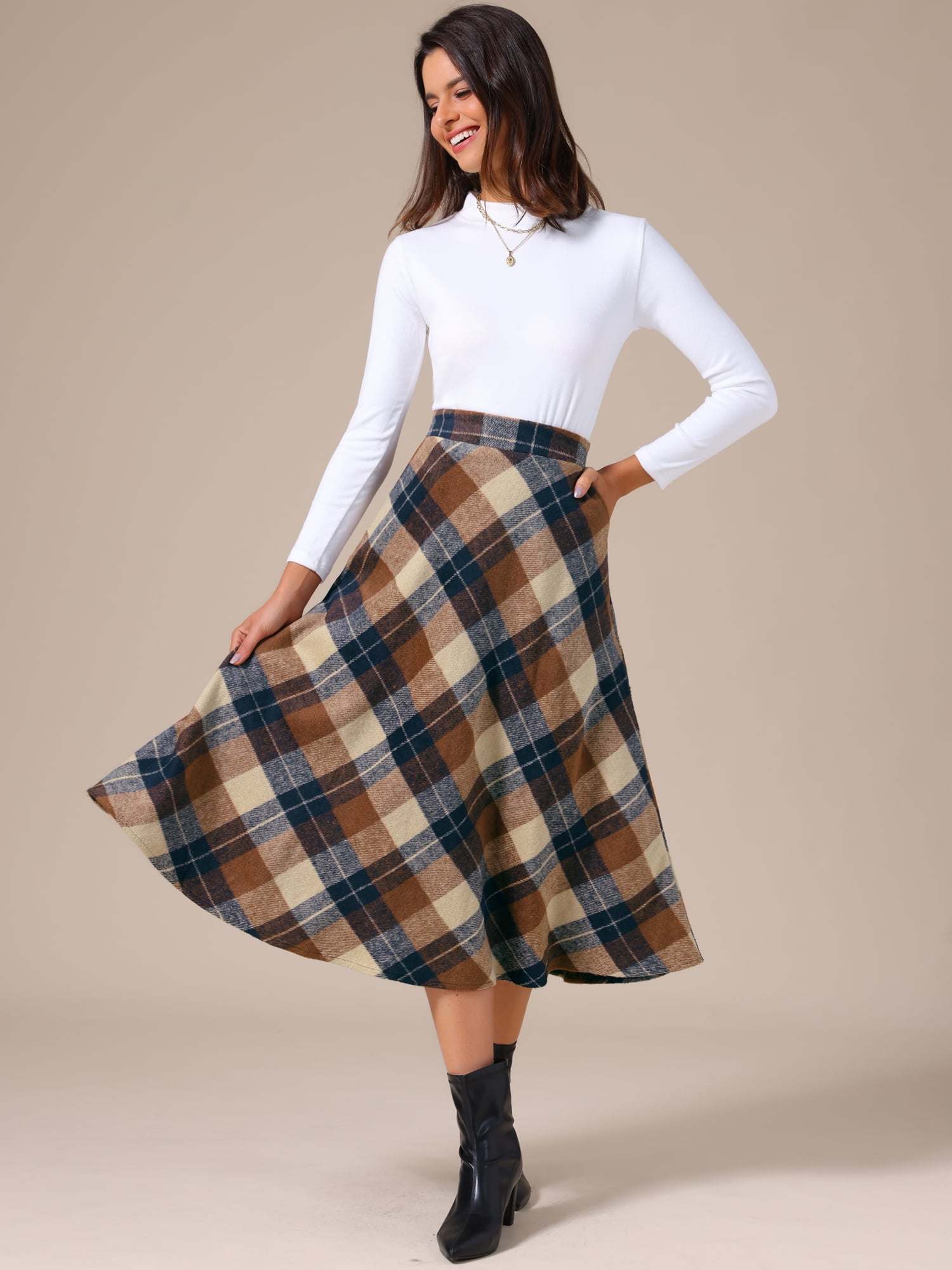 DARING DIVA Women's Vintage Plaid A-Line Work Long Maxi Skirt Large Khaki