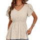 thumbnail image 1 of Top de verano para mujer, cuello en V, mangas de pétalos, dobladillo con volantes, botón frontal, Jacquard, punto, cintura elástica, camisa de verano, Top Albaricoque XL, 1 of 6