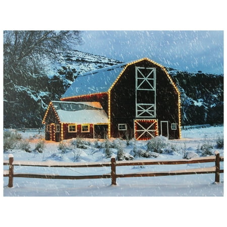 Fiber Optic Framed - LED Fiber Optic Snowy Red Barn Christmas Canvas Wall Art 15.75