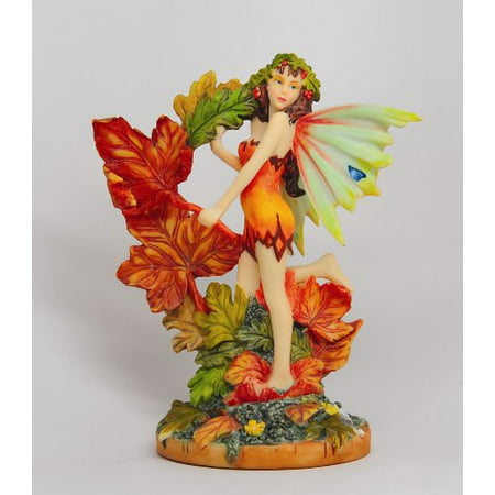 Orange Autumn Leaf Winged Fairy Sitting on Foliage Statue Figurine
