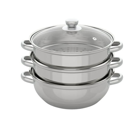 3-Tier Stainless Steel Steamer, 28cm/11in Meat Vegetable Cooking Steam Pot Kitchen Steamer Cooker with Handle for Steaming Tamales, Veggie, Broccoli, Couscous, Pasta and Dumplings