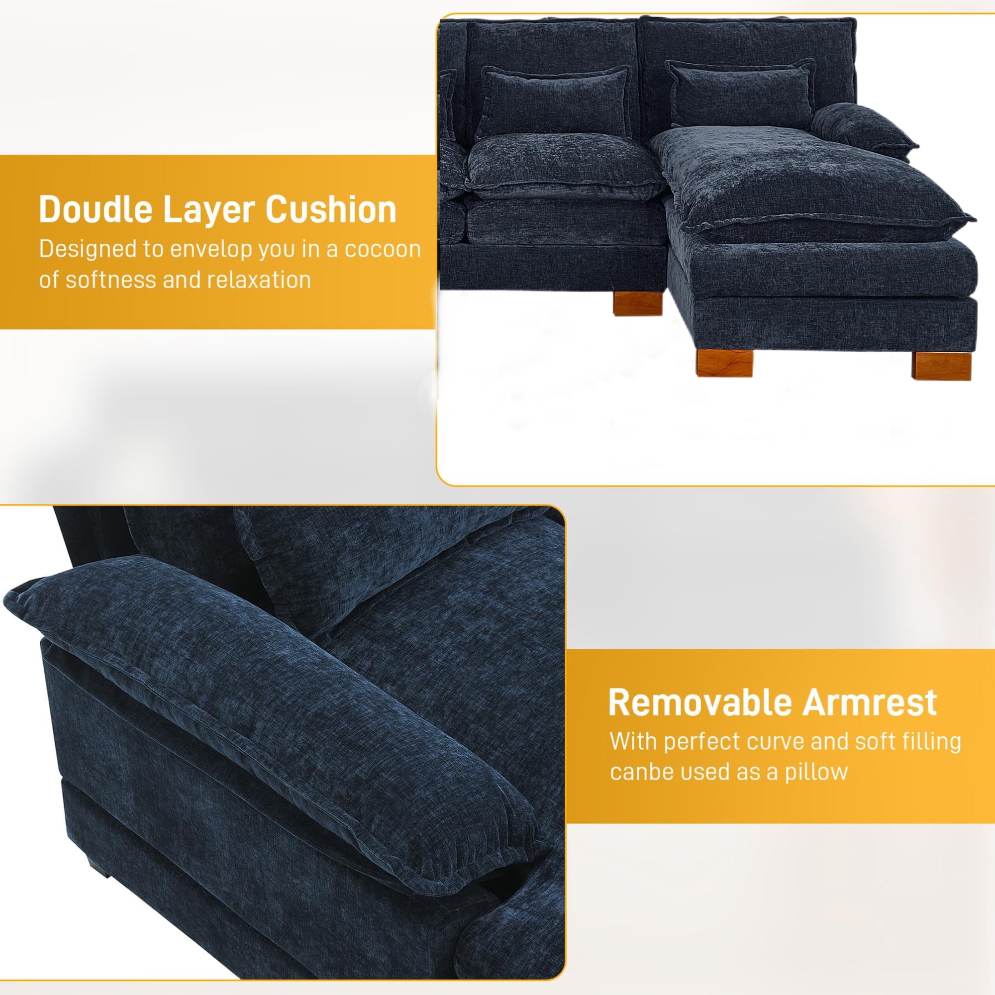 Aukfa 113" Sectional Sofa Couch with 4 Lumbar Pillows&Dual Layer Cushions, Chenille, Blue