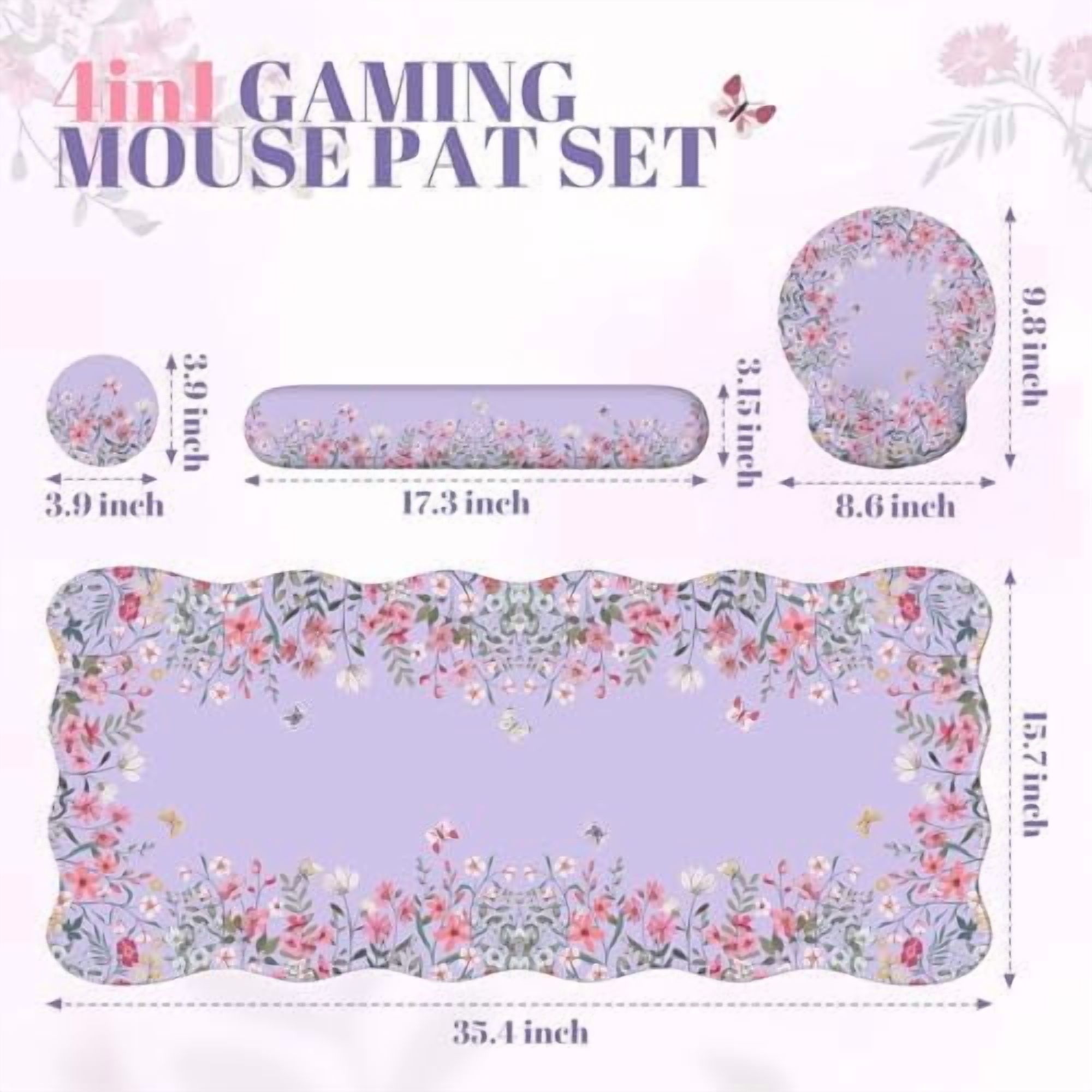Tekola Desk Mat Set,Large Mouse Pad with Wrist Rest,Ergonomic Keyboard Wrist Support for Women,Girly Floral Computer Mat with Scalloped Edges,Non-Slip Desk Pad Home Office Gaming (Purple)
