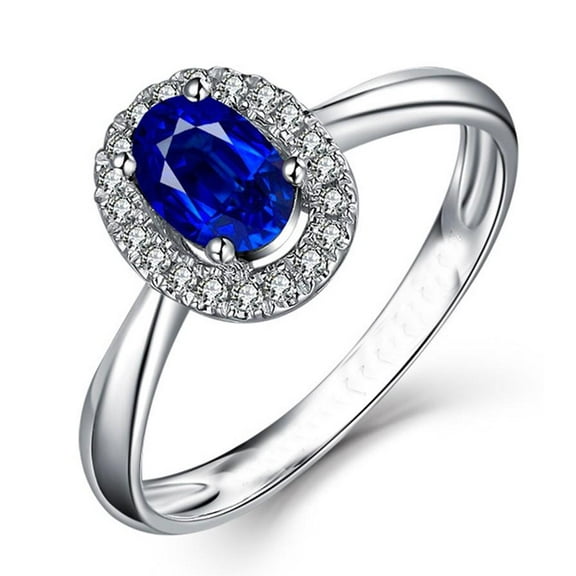 Halo 1.50 Carat 8x6mm Oval Shape Blue Sapphire Moissanite Diamond Engagement Ring in 10k White Gold for Her
