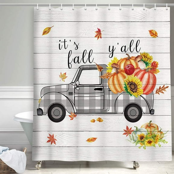 Autumn Farm Maple Leaves Thanksgiving Fall Bathroom Shower Curtain, Vintage White and Black Buffalo Plaids Check Rustic Truck with Pumpkin Sunflower on Retro Wooden Shower Curtain, 69X70in