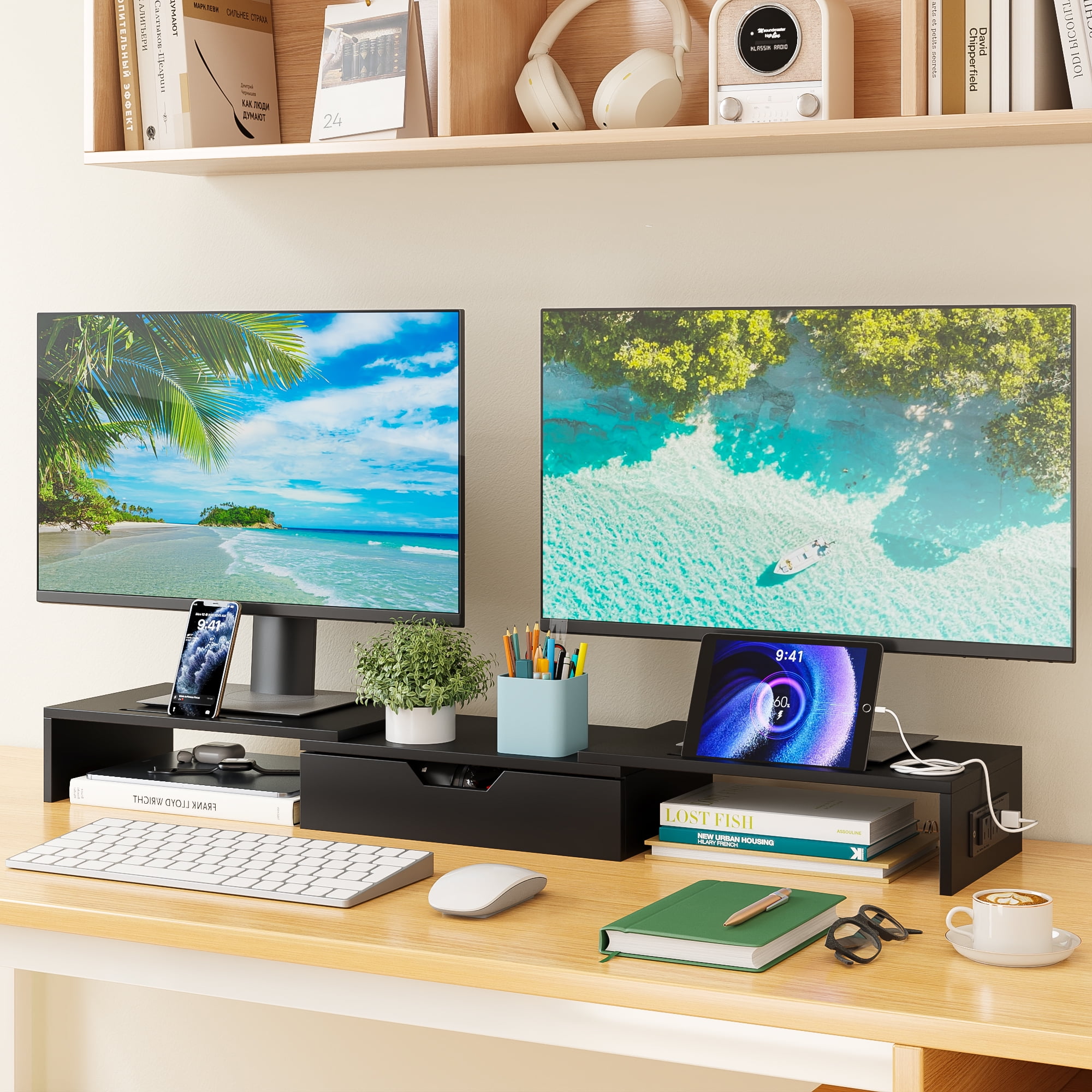Yoneston Dual Monitor Stand Riser with Charger, Adjustable Length and Angle Desk Organizer with Drawer, Computer Monitor Stand with Phone Holder for PC, Laptop, Printer, Black