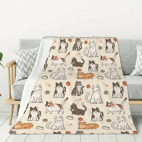 1pc Cozy Cat Print Flannel Blanket – Soft, Warm, Hypoallergenic, Machine Washable, Perfect for Cat Lovers, Vintage Style with Diverse Cat Illustrations on Light Beige Background