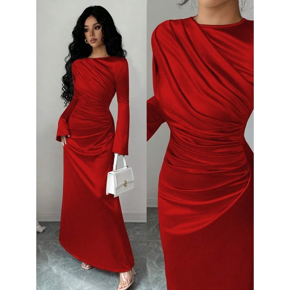Red Satin Mermaid Evening Dress With Round Neck And Ruched Long Sleeves