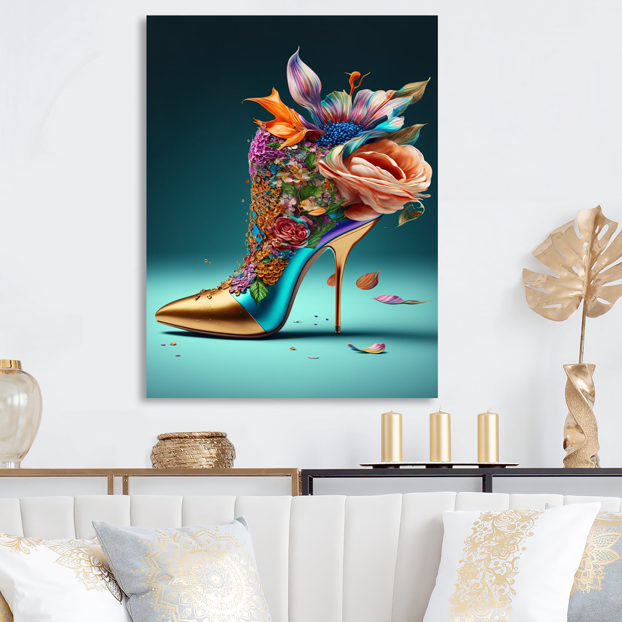 Designart Blue Floral Hight Heels IV Canvas Wall Art