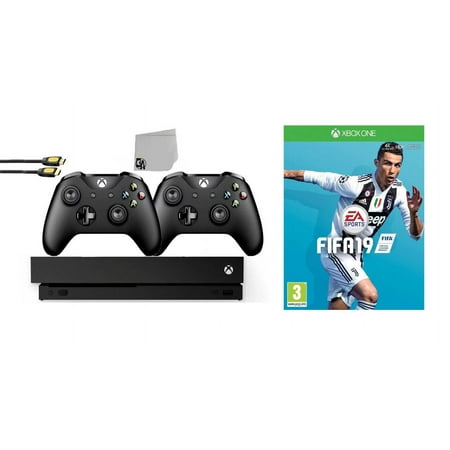 Pre-Owned Microsoft Xbox One X 1TB Gaming Console Black with 2 Controller Included with FIFA 19 BOLT AXTION Bundle (Refurbished: Like New)