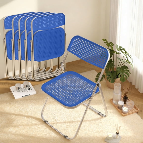 HDHNBA Indoor Outdoor Stackable Rattan Look Plastic Folding Chairs 350 LBS, Set of 6, Blue
