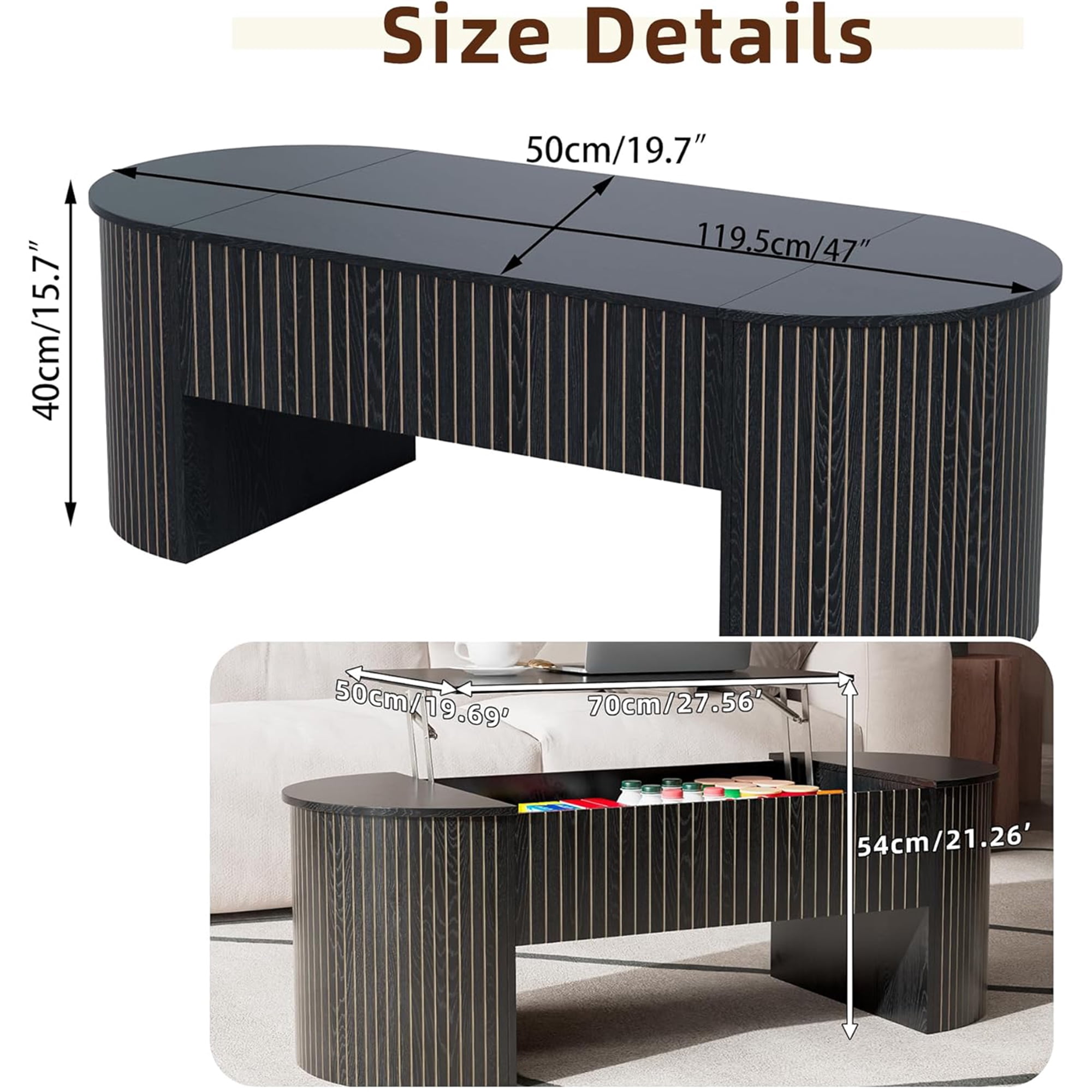 Lift Top Coffee Table with Storage, Oval Center Table with Hidden Compartment, Modern Coffee Table for Living Room, Black