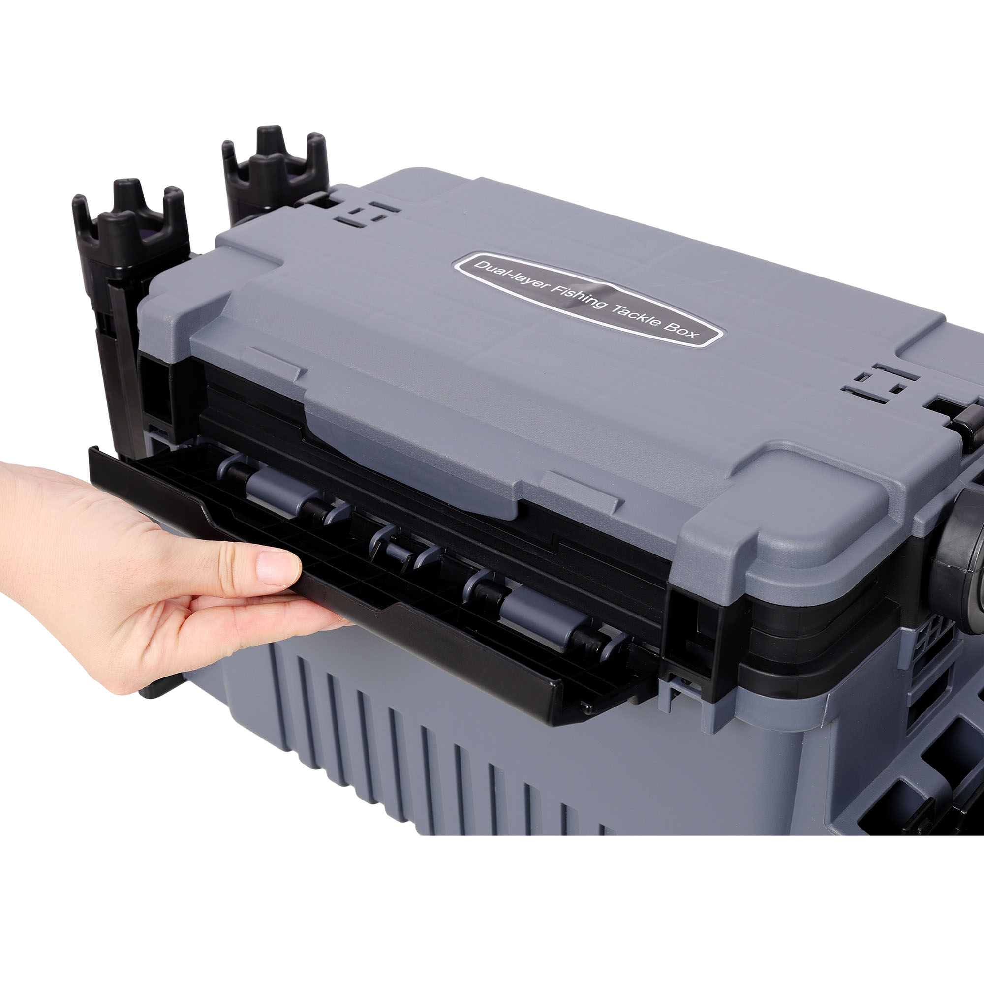 Dual-layer Fishing Tackle Box,Tackle Box Organizer Fishing Box Large,With 2pcs Rod Holder,2pcs Cup Holder,1pc Carring Strap, Gray