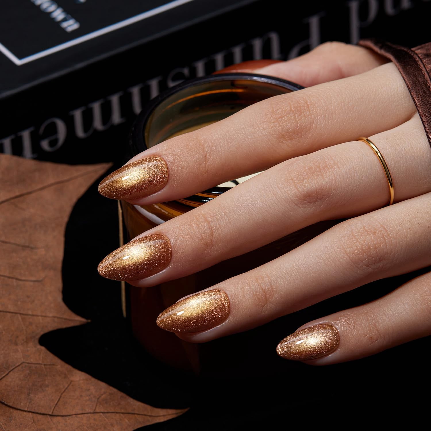 VSALON Press On Nails Short Almond, 32 Pcs 16 Sizes Brown Cat Eye Press On Chrome Fake Nails With Glue & Cuticle Oil, Reusable Stick On Nails False Nails Kit Valentines Gift For Women