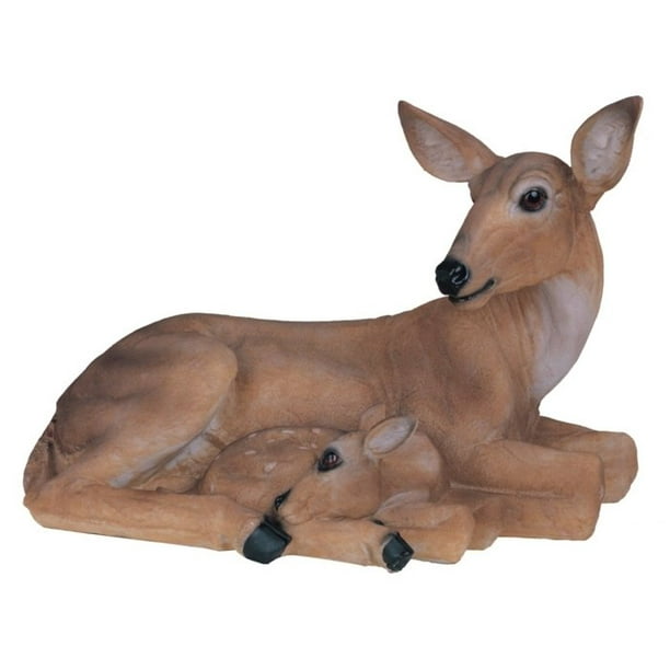 13 Inch Large Polyresin Tan Mother Deer and Baby Deer Sitting Figurine