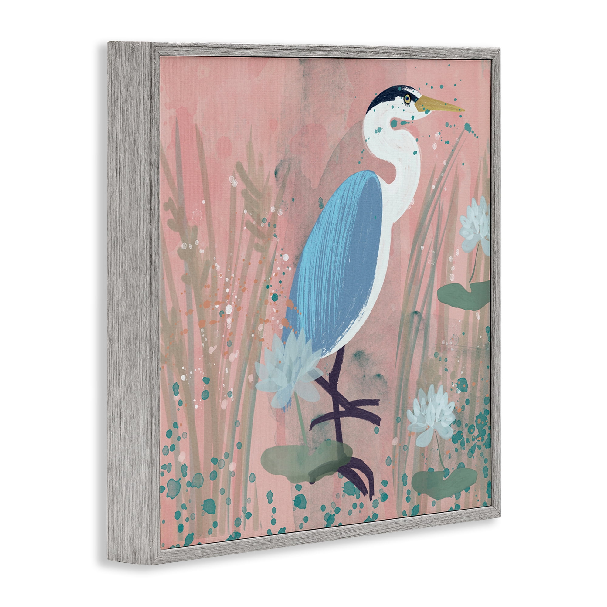 Stupell Industries Coastal Bird with Lotus Flowers Animals & Insects Painting Gray Framed Art Print Wall Art, 24 x 24