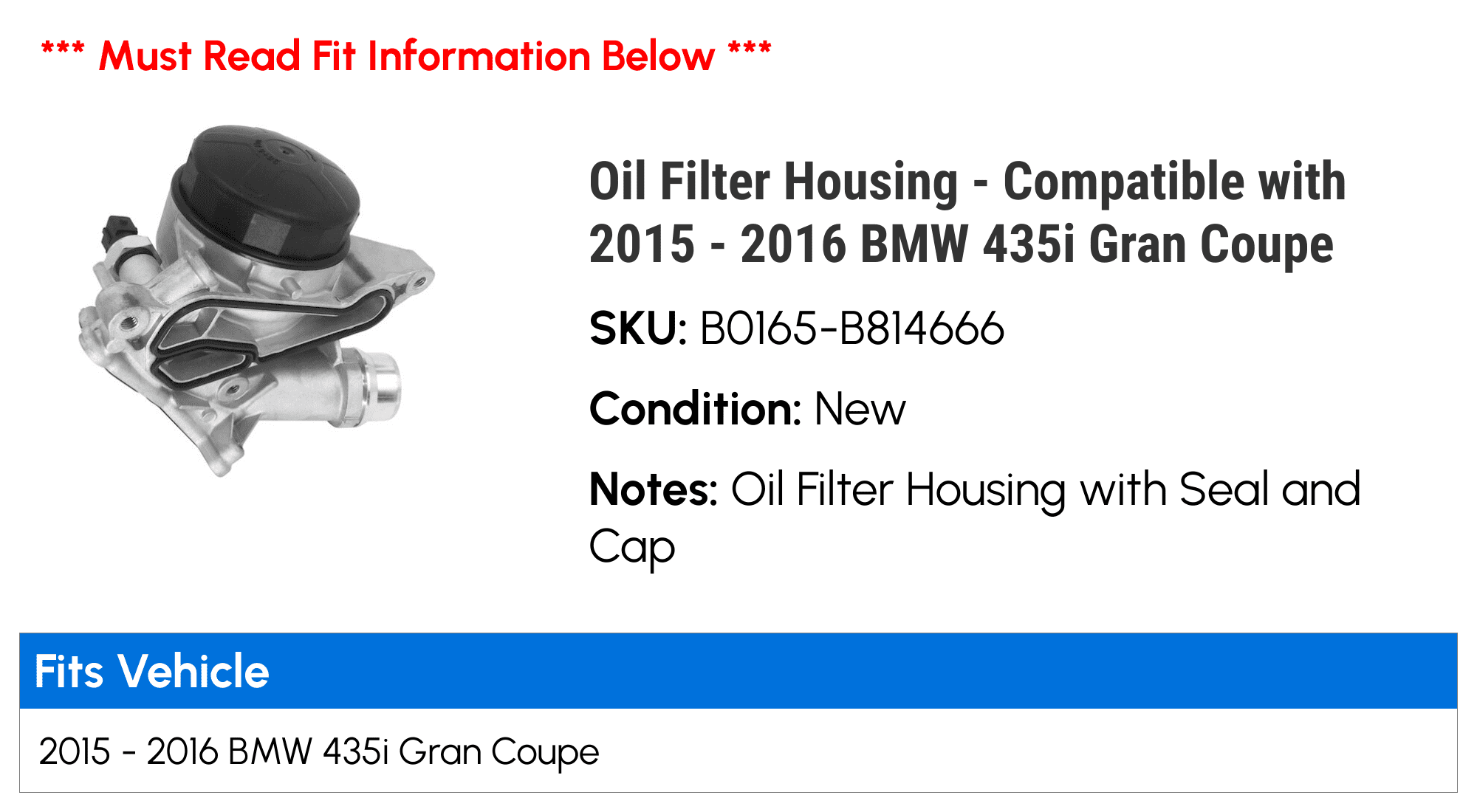 Oil Filter Housing - Compatible with 2015 - 2016 BMW 435i Gran Coupe - Replacement