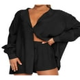 thumbnail image 2 of Women Two-piece Pants Suit  Solid Color Long Sleeve Blouse and Drawstring Elastic Waist Shorts, 2 of 5