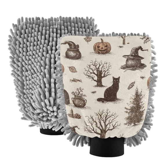Microfiber Car Wash Gloves With Chenille & Polyester Terry Scratch-Free Cleaning Elastic Cuffs Black Cats Pumkins