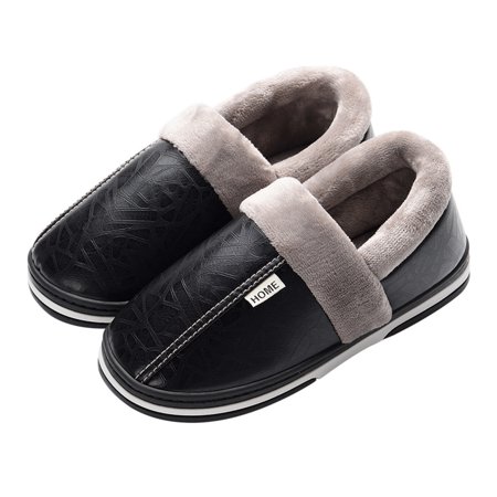 

PU Waterproof Cotton Slippers Women Men Winter Indoor Home Household warm warm slippers winter slippers PU leather plush lining men women home Black 37-38 Suitable For 36-37